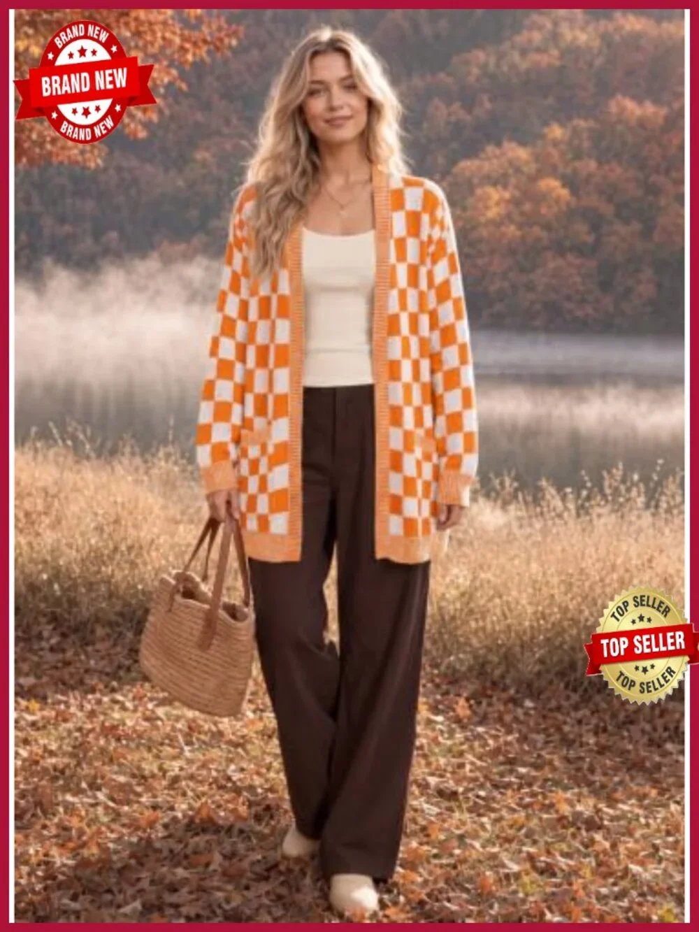 Chunky Knit Checkered Cardigan Sweater - Open Front with Pockets